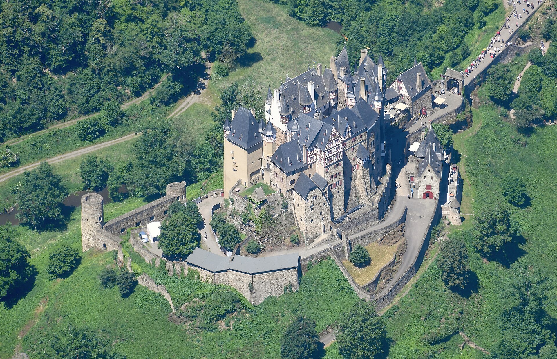 Aerial view of a historic castle roof