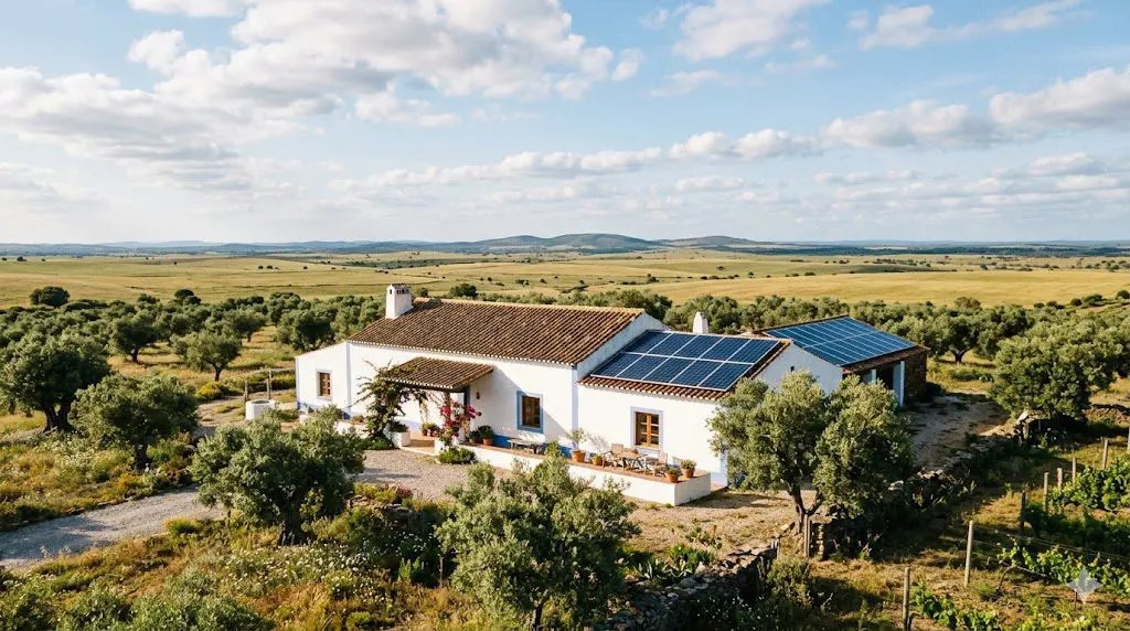 Aerial view of a farmstead with barns and fields